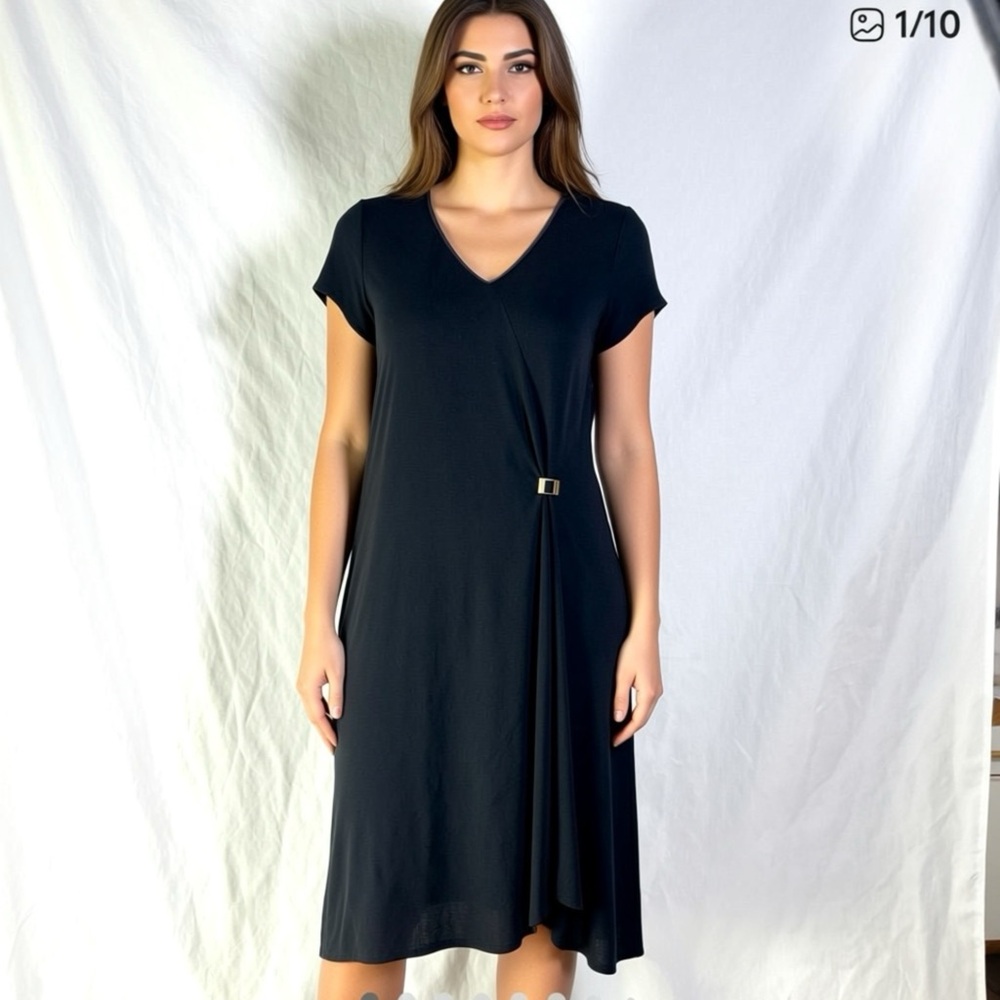 Sheri Martin NewYork Vintage Black Draped Midi Dress-Elegant GoldBuckle Made USA